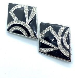 Vintage Unsigned Silver Tone Crystal Black Inlay Clip Earrings